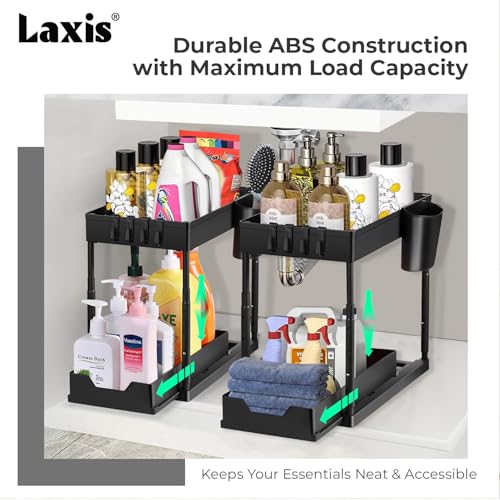 Image of Laxis 2 Pack LAXIS Under Sink Storage Organizer, 2 Tier Pull Out Cabinet Organizer with Sliding Drawer and Hooks, Adjustable Height Under Sink Organizer Rack for Storage Multipurpose, Black