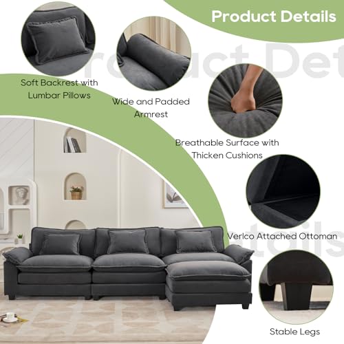 Image of Oprisen 120 inch Modular Sectional Sofa, Comfy Cloud Couch Sectional Sofa with Ottoman, Velvet Sofa Sleeper Deep Seat Sofa with Throw Pillows for Living Room (Blue Gray, 120 inch- L Shape)
