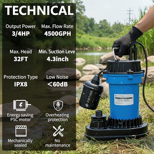 Image of FOTING 3 /4HP Submersible Sump Pump,4500 GPH Cast Iron Sewage /Effluent Pump,Automatic Tethered Float Switch,Septic Pump for Basement,Septic Tank,Basin,Sewage Well,1-1 /2 inch NPT Discharge, Blue