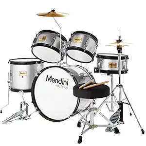 Mendini by Cecilio 16 inch 5-Piece Complete Kids/Junior Drum Set with Adjustable Throne, Cymbal, Pedal & Drumsticks, Metallic Silver, MJDS-5-SR