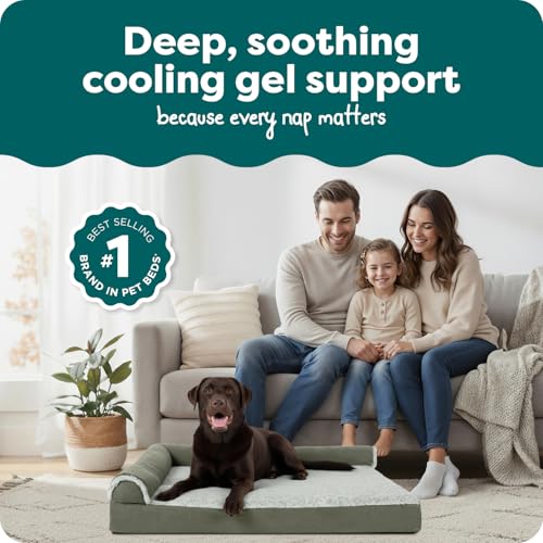 Image of FurHaven Cooling Gel Dog Bed for Large Dogs, L-Shaped Chaise with Cool Gel-Top Foam with a Solid Orthopedic Foam Base for Joint Support, Washable Cover, Jumbo XL, Plush Faux Fur & Suede, Dark Sage