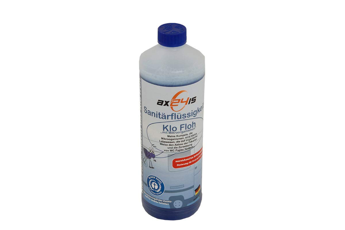 Sanitärflüssigkeit Klo Floh & WC Reiniger Set - Camping WC Zusatz | Biologischer Sanitärzusatz mit Mikroorganismen - Blauer Engel - Für Wohnmobil, Caravan & Boot - 1l Zusatz & 750ml Reiniger