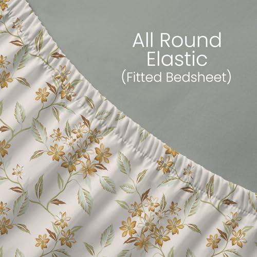 Image of Layers 100% Cotton Fitted Sheet for King Size Bed | Lumina Floret Collection | 144 TC Soft & Breathable | Floral Print with 2 Pillow Covers | Wrinkle Free & Colorfast | 3 Pc Bedding Set - Yellow