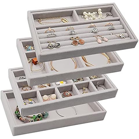 MINGRI Jewelry Organizer Trays,Earring Holder Tray Stackable Velvet Drawer Organizer Tray for Necklace,Ring,Bracelet Brooch Watch,Jewelry Storage Display Case Insert for Women Girls Set of 4 (Gray) Cover