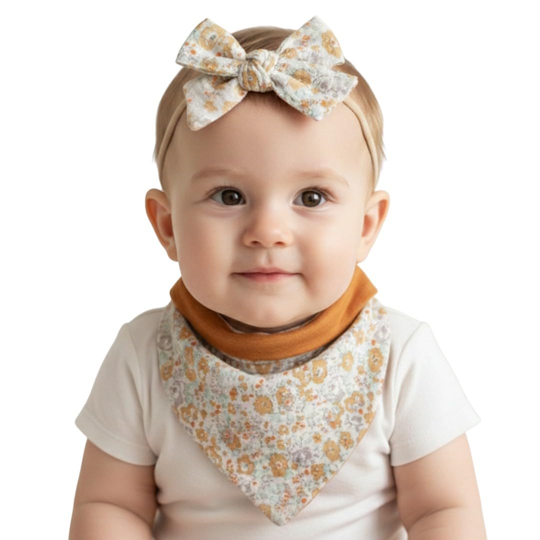 POLKA TOTS Cotton Floral Print Bow Headband With Reversible Bandana Bib Set - Orange-image-31