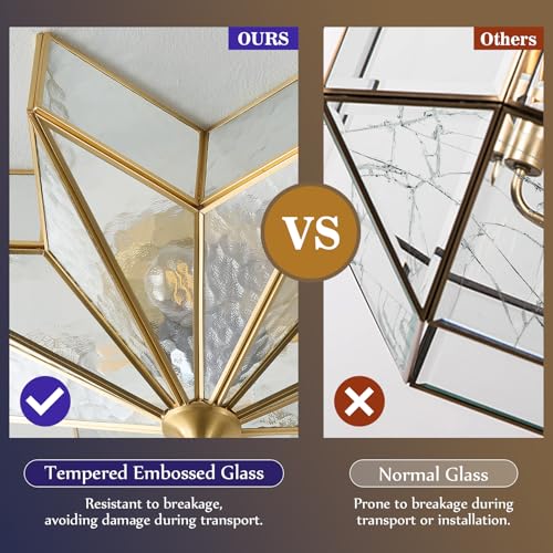 Image of Star Brass Ceiling Light - 19.7 In Large Gold Hammered Glass Flush Mount