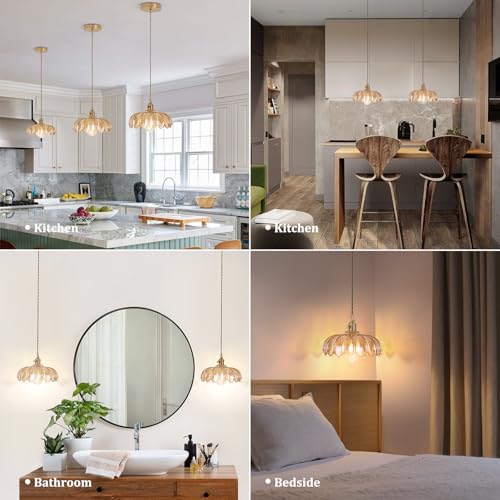 Image of Shenmoyl Pendant Light with Amber Scindapsus Glass Lmapshade, Brass Vintage Pendant Light Adjustable Hanging Light for Kitchen Island Dining Room Hallway