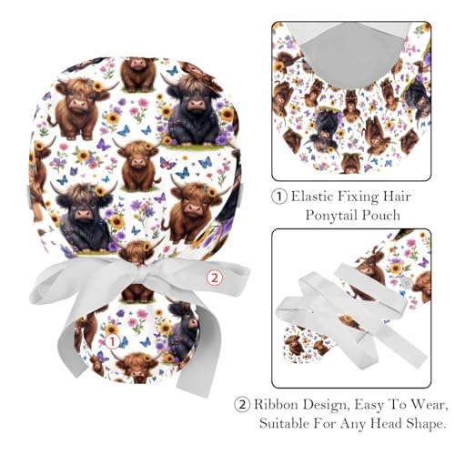Image of 2 PCS Bouffant Cap with Button Ponytail Pouch Working Cap Sweatband Adjustable Surgical Cap Black and White Cow