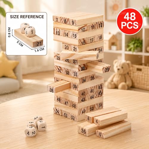 Image of Zest 4 Toyz Wooden Building Blocks Puzzle Game Wooden Stacking Tower Game for Kids 48 Pcs Numbered Wooden Blocks Family Board Game Dice Game Educational Learning Indoor Games for Kids