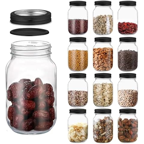 novelinks 32 OZ Clear Plastic Mason Jars with Airtight Lids - Plastic Mason Jars 32 OZ Plastic Jars with Lids for Kitchen & Household Storage (12 PACK, Black) Cover