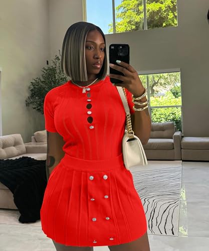 Image of Two Piece Outfits for Women Summer Going Out Knit Crop Tops Pleated Mini Skirt Sets Short Sleeve Mini Dress