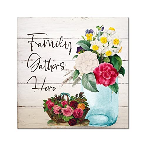 Plaque murale vintage en bois Family Gathers Here déco fleurie salon 40cm