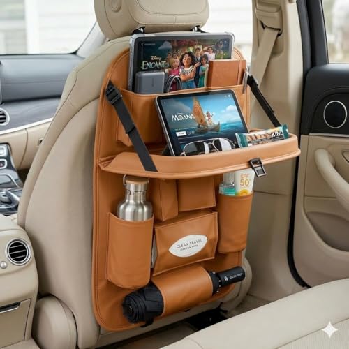 Image of PU Leather Auto Car Back-Seat Organizer with Tray, Multi-pocket Storage, Tablet Holder, Bottle and Tissue Paper Holder, Mobile Holder and Tray for food (TAN)