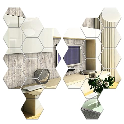 Frevoitna 24 Piezas Espejo Adhesivo Hexagonal, Espejos Adhesivos de Pared de Acrílico Plata 126×110×63mm, Pegatinas de Pared Espejo para Decoración del Hogar, Sala de Estar, Baño,Dormitorio