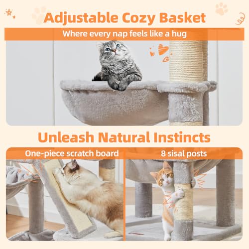 Image of Taoqimiao Cat Tree 57.5-Inch, Cat Tower for Indoor Cats Large Adult, Extra Large Cat Condo, 8 Sisal Scratching Posts, Metal Frame Cozy Hammock, Durable Scratch Board, 2 Top Perches, Light Gray MS026W