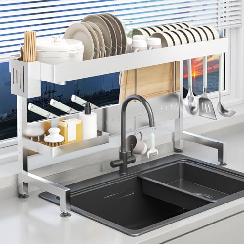Image of HASTHIP Stainless Steel Double Layer Adjustable Over Sink Dish Drying Rack | Counter Top Sink Rack, Adjustable Width 53-68CM, Large Capacity Saves Space, Sturdy Stable, Hold a Variety of Utensils
