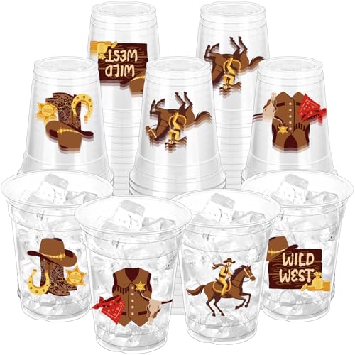 ZCPTZ 100Pcs Western Cowboy Plastic Party Cups 12oz Cowboy Party Disposable Clear Cups for Western Parties Birthday Baby Shower Drinking Cups Rodeo Party Favors (2 Styles)