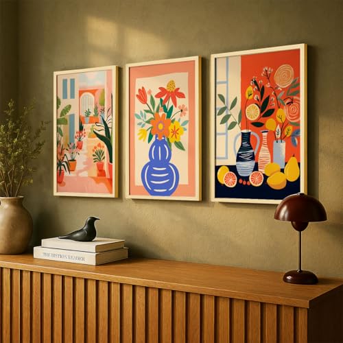 Image of SoulAbiti Sunny Still Life Botanicals set of 3 Framed Wall Print 12x18 inch Light Brown Frame Plexi-Glass Floral Art ready to hang for living room bedroom office decor