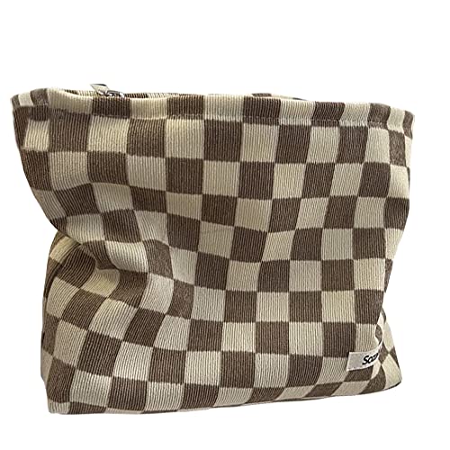 Cessfle Checkered Makeup Bag, Corduroy Chessboard Cosmetic Bag for Purse, Small Cosmetic Pounch Cute Travel Checkered Cosmetic Bag for Women B-Beige