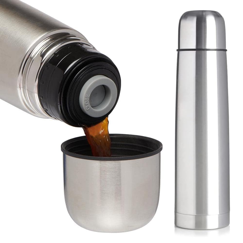 New 1 Litre Flask Stainless Steel Vacuum Camping Hiking Bullet Litre Hot Cold 1000ml | Metal Vacuum Drink Flasks to Keep Cold & Hot | Ideal for Sports, Home, Office, Travel
