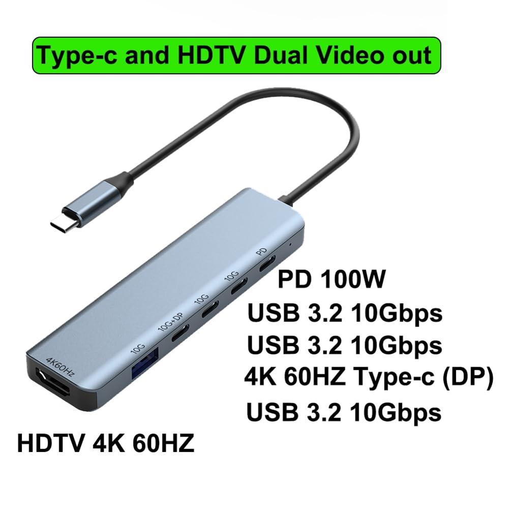 Hub USB-C 6 in 1 con modalità Alt DP Type-C, Dotato di Uscita Video Duale HDTV 4K/60Hz, velocità di Trasferimento Dati USB3.2 Gen2 10Gbps e Ricarica PD da 100W.