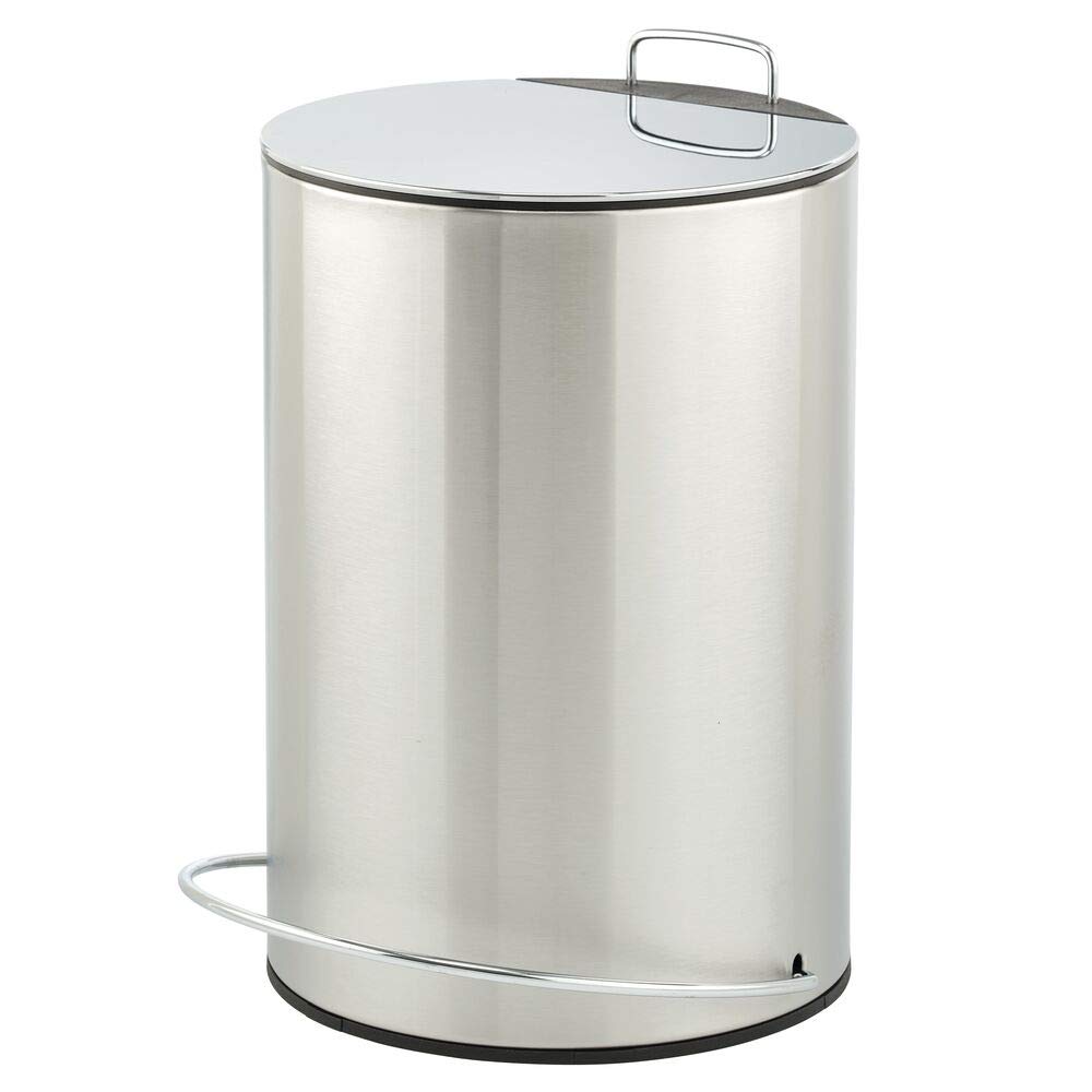 mDesign 1.3 Gallon Round Step Trash Can Wastebasket, Garbage Container Bin for Bathroom, Powder Room, Bedroom, Kitchen, Craft Room, Office - Hands-Free Design - Chrome/Brushed Stainless Steel