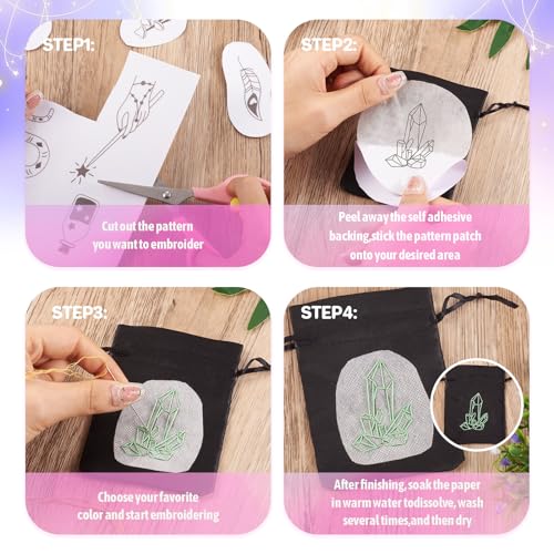 Image of Magibeads 52 Patterns Witchy Water-Soluble Embroidery Moon Spider Cow Dreamcatcher Stick and Stitch Embroidery Paper Starter Kit for Hand Sewing Beginners Adult
