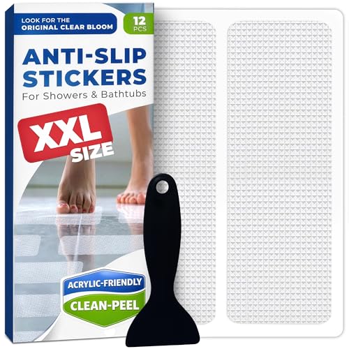 XXL Anti Slip Shower Stickers 12 PCS, Invisible Non-Slip Shower Strips for Adults, Premium Adhesive Bath Tub Stickers (Clear)