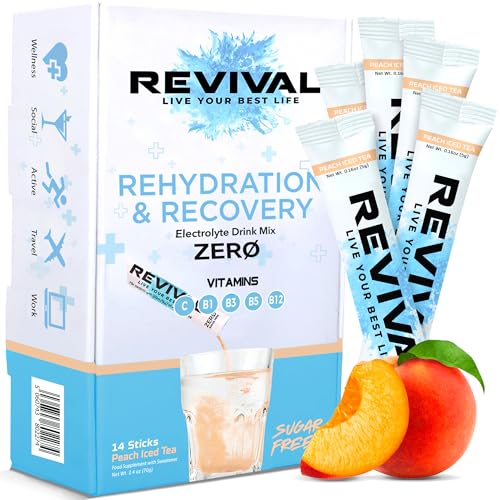 Revival Zero Rehydration Electrolytes Powder - Sugar Free Hydration Sachet Drink with Vitamins C, B1, B3, B5, B12-14 Pack Peach Iced Tea