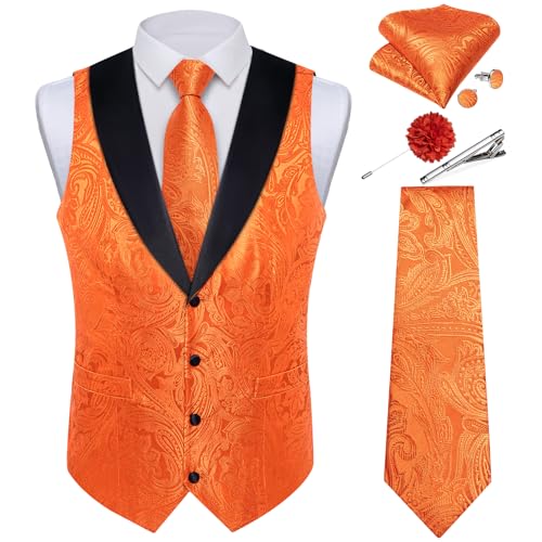 Image of DiBanGu Mens Paisley Suit Vest Silk Jacquard Waistcoat and Necktie Set Formal Shawl Collar Dress Vest 7PCS for Wedding Party