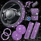 CAR PASS 11PCS Bling Purple Car Steering Wheel Cover Set for Women, Sparkly Rhinestone Diamond Bling Seat Belt Cushion, Glitter Shift Knob Cover, Car Cup Holder Coaster, Interior Sets Violet 14.5'-15'
