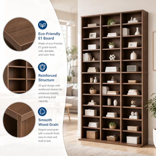 Image of Garvee 11 Tier Tall CD Display Cabinet, 33-Compartment Media Tower, Walnut | Adjustable Shelves, Anti-Tip Kit, Tall Wooden Freestanding Media Display Shelf Tower for CD, DVD, Manga, Movies, Games, Book