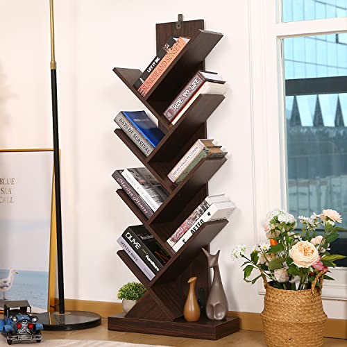 Tree Bookshelf, 8 Tier Tree Bookcase, Rustic Wood Narrow Book Storage Rack For Cds/Dvds/Books, Book Tree Organizer Shelves For Bedroom/Living Room/Office/Tight Space/Small Space #TOP4