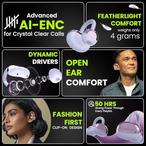 Image of ACwO DwOTS Flow Open Ear Earbuds | X-Fidelity Sound | AI-ENC Mic | Dual Mode (Music & Gaming) | 50H Playtime | Fast Charging | IPX5 | Bluetooth 5.3 Iris Purple