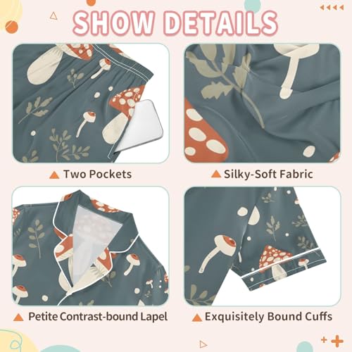 senya Mushroom and Grass 1 Satin Summer Pajama Sets Silk Short Sleeve Button Down Sleepwear3