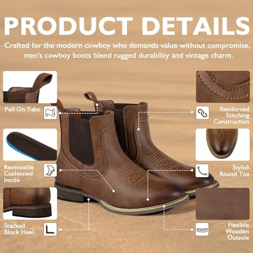 J's.o.l.e Chelsea Cowboy Boots for Men Western Round Toe PU Leather Dress Casual Work Ankle Boots Brown3