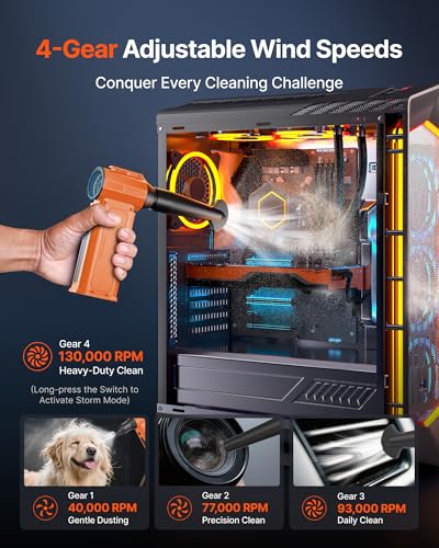 Image of Compressed Air Duster, 130,000RPM Ultra-Powerful Electric Air Duster | 8000mAh Rechargeable Battery Cordless Blower, 4-Gear Adjustable Air Blower for Keyboard, Computer, Car - Orange