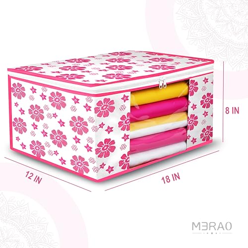 Image of Non-Woven Printed Saree Cover Set of 3 | Foldable Wardrobe Organizer with Transparent Window & Zipper