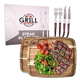 Vylive Grill Legacy Wooden Steak Plate Set (2 pack) - Complete Steak Plate for Eating with Premium Steak Knives and Forks - The Ultimate Gift for Steak Lovers.