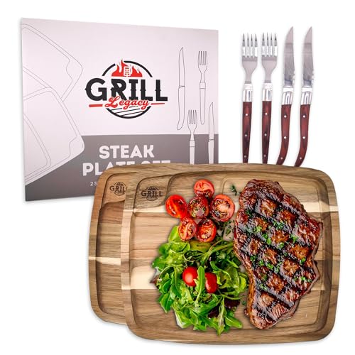 Grill Legacy Wooden Steak Plate Set (2 Pack) - Complete Steak Plate for Eating with Premium Steak Knives and Forks - The Ultimate Gift for Steak Lovers.