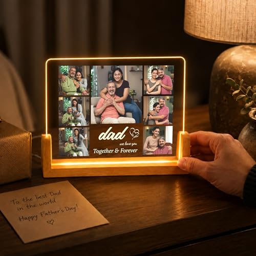 Image of Giftplease Customized Acrylic Photo Frame with LED Light Base | Personalized 7-Photo Collage | Custom Text Night Light | Ideal Birthday, Anniversary, Father, Parents, Family