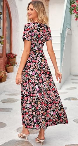 Image of WNEEDU Women's Summer Maxi Dress Short Sleeves Wrap V Neck Long Dresses with Pockets