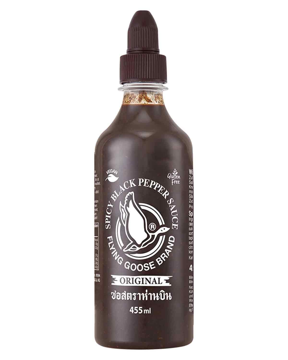 FLYING GOOSE Würzig schwarze Pfeffer Sauce, scharf, schwarze Kappe, Würzsauce aus Thailand, ideal für Pfannengerichte geeignet, 1 x 455 ml