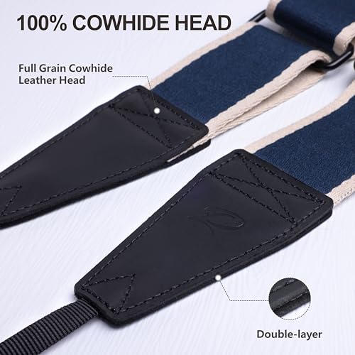 Image of Padwa Lifestyle Extra Long Adjustable Camera Strap for Photographers - 2 inch Wide Full Grain Cowhide Leather Ends Camera Straps with Quick Release for All Cameras,Binoculars(Stripe Blue White)