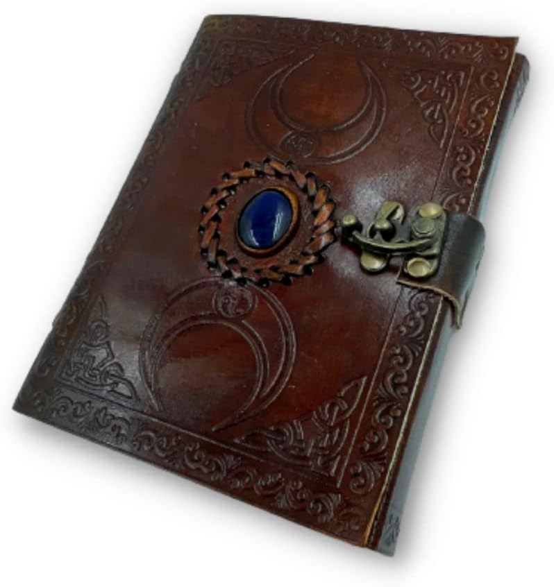 OVERDOSE Moon Design Stone Leather Journal With Brass C-Lock - Handmade Unlined Paper Leather Bound Journal | Sketchbook & Notebook - Drawing Journal - 5 x 7 inches | 12 x 17 cm | A6