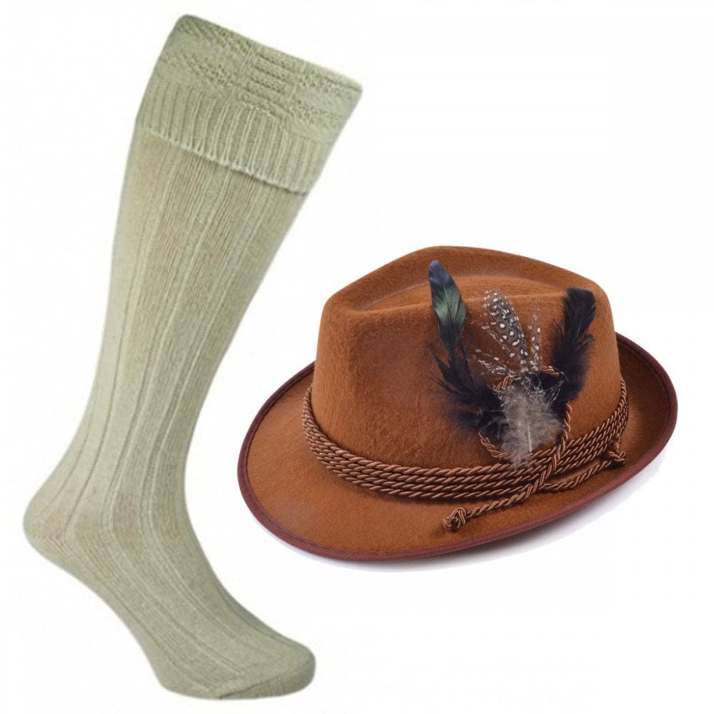 A2ZFD Brown Oktoberfest Hat + Wool Blend Socks : Adult Mens Bavarian Beer Festival Fancy Dress Accessory Set, One Size