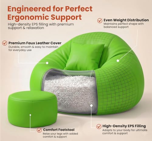 Image of Sattva Classic 3XL Bean Bag Chair with Beans Filled | Sofa Style Faux Leather Beanbags with Footstool & Cushion | Comfortable Bin Bags Sofa for Adults & Teens, Living Room & Office | Neon Green