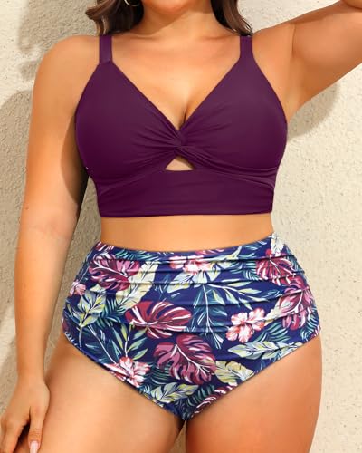 Image of Daci Plus Size Two Piece Swimsuits - Women High Waisted Bikini Tummy Control Bathing Suits Knot Twist Swimwear 2025