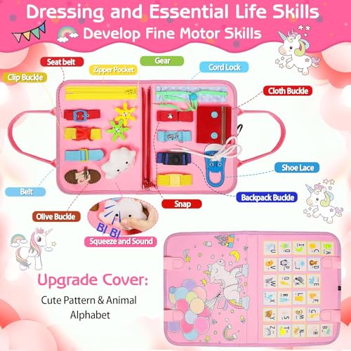 Image of SHINETOY Montessori Busy Board Activity Book, Pink, Educational Learning Toy, Fine Motor Skills Development, Cognition and Hand-Eye Coordination, Portable Travel Toy with Handle, Fairy Pink