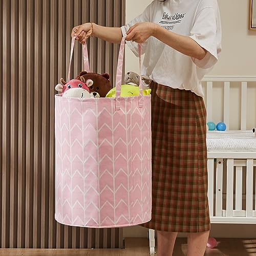 Image of Baby Laundry Basket Nursery Hamper with Long Handles, Pink Geometry 2 Pcs